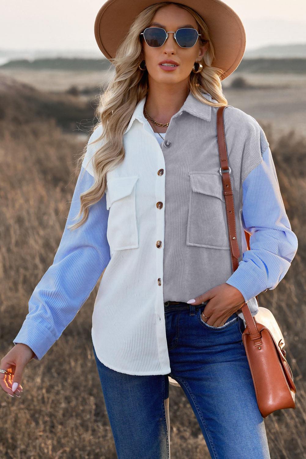 Color Block Button Front Shirt with Pockets-Teresa&#39;s Fashionista LLC