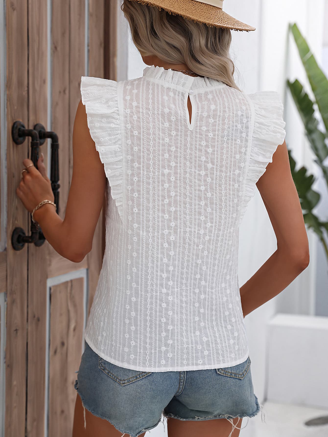 Butterfly Sleeve Frill Neck Blouse-Teresa&#39;s Fashionista LLC