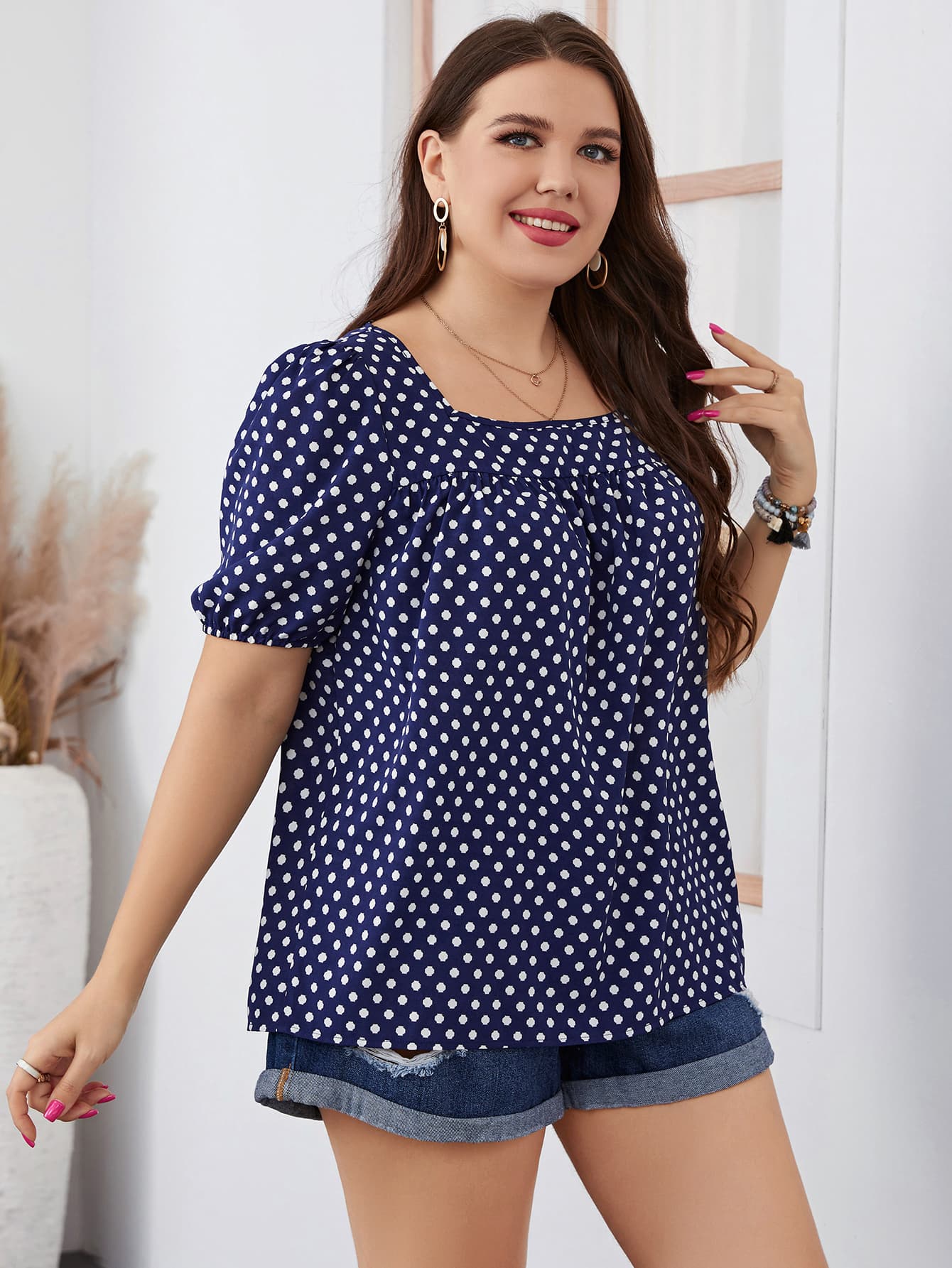 Plus Size Polka Dot Square Neck Blouse-Teresa&#39;s Fashionista LLC