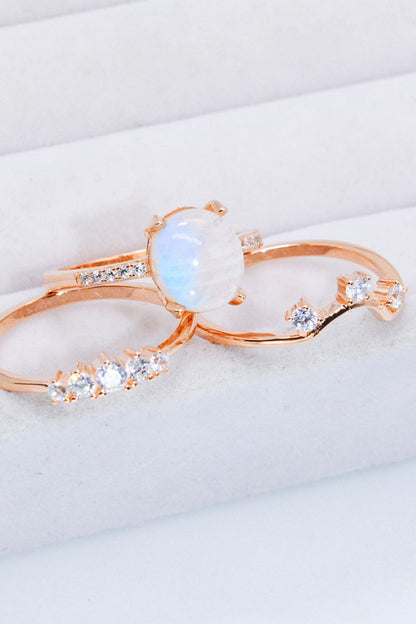 Natural Moonstone and Zircon Three-Piece Ring Set-Teresa&#39;s Fashionista LLC