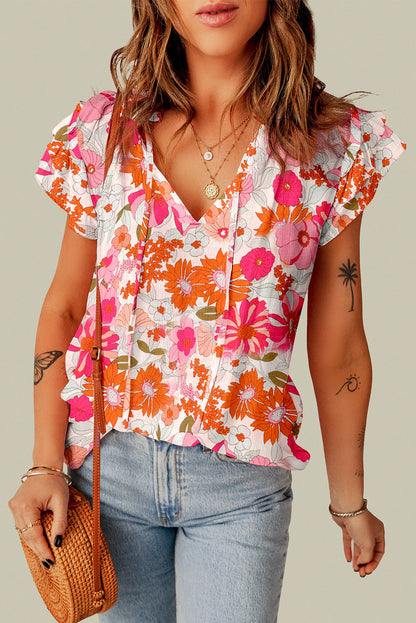 Floral Tie Neck Flutter Sleeve Blouse-Teresa&#39;s Fashionista LLC