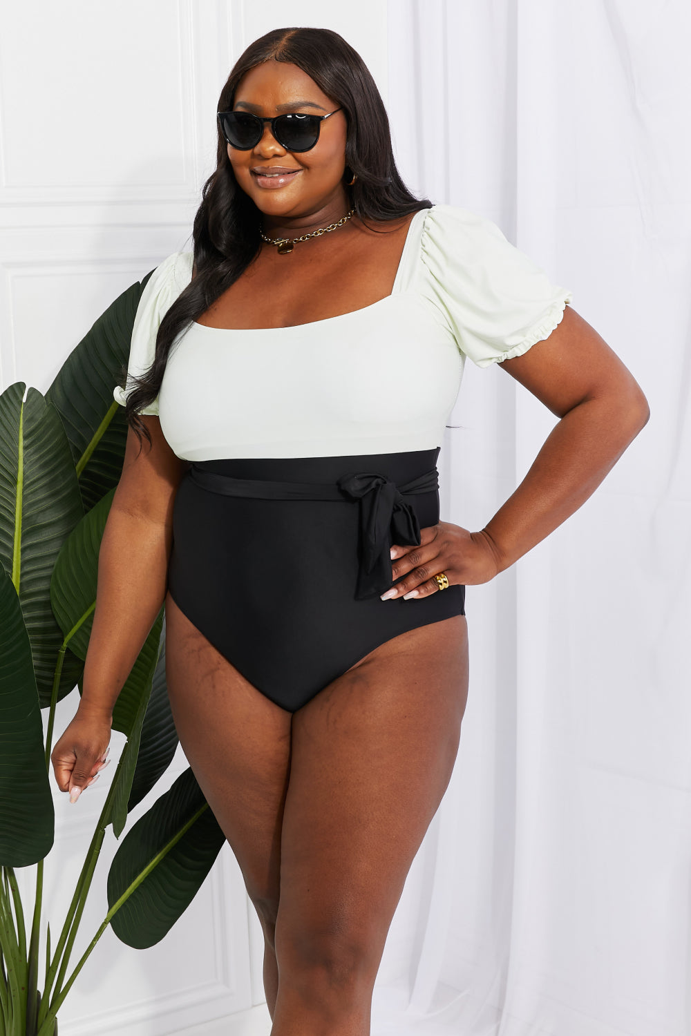 Marina West Swim Salty Air Puff Sleeve One-Piece in Cream/Black-Teresa&#39;s Fashionista LLC