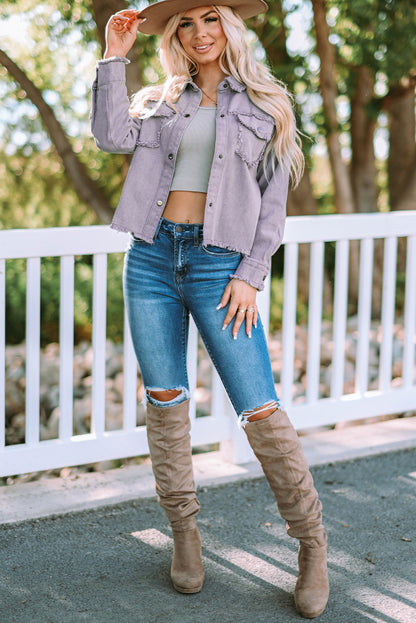 Frayed Trim Snap Down Denim Jacket-Teresa&#39;s Fashionista LLC