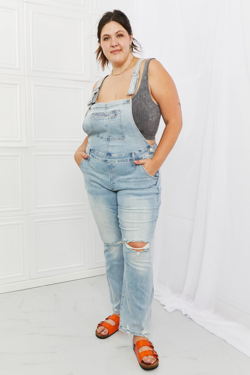 Judy Blue Melina Full Size Distressed Straight Leg Overalls-Teresa&#39;s Fashionista LLC