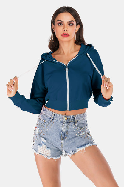 Side Stripe Drawstring Cropped Hooded Jacket-Teresa&#39;s Fashionista LLC