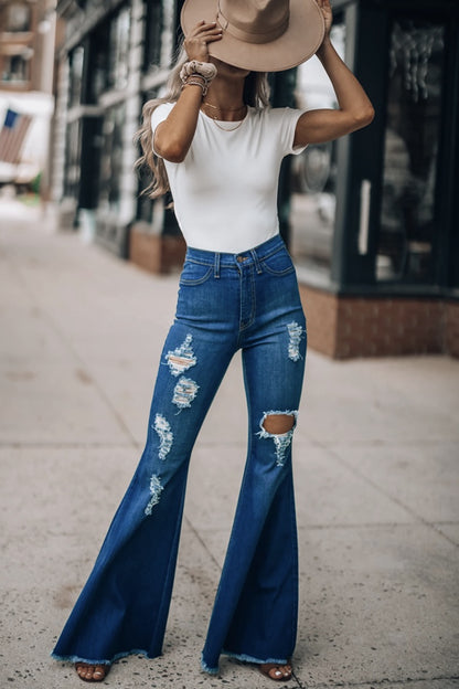 Distressed Raw Hem Flare Jeans-Teresa&#39;s Fashionista LLC