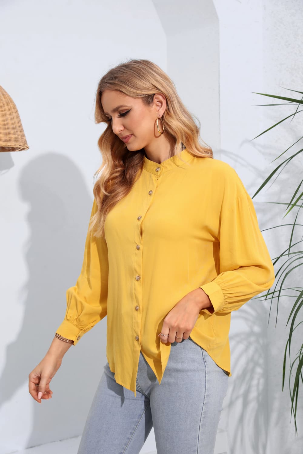 Mock Neck Buttoned Long Sleeve Shirt-Teresa&#39;s Fashionista LLC