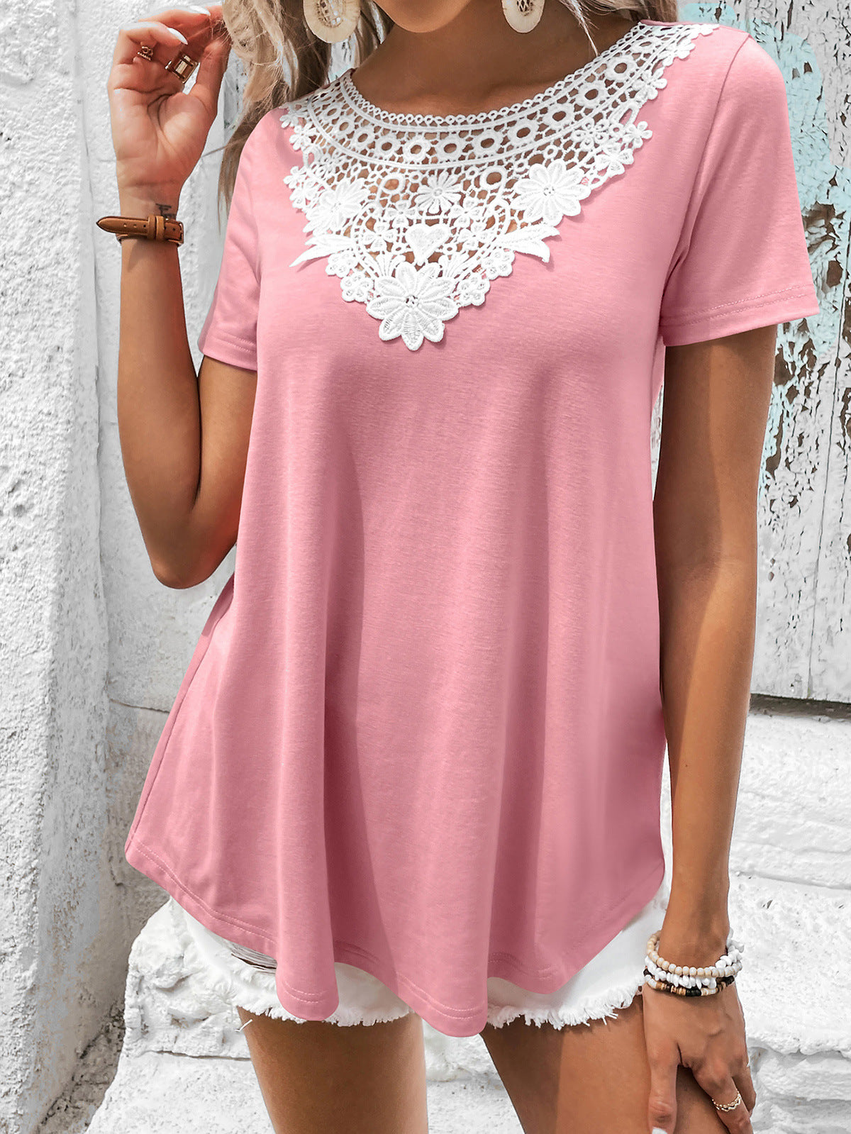 Spliced Lace Contrast Short Sleeve Top-Teresa&#39;s Fashionista LLC