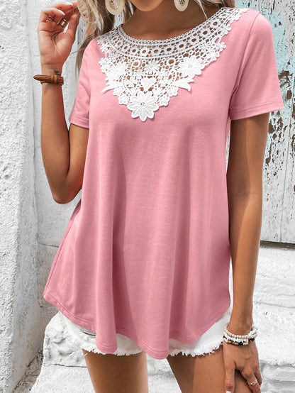 Spliced Lace Contrast Short Sleeve Top-Teresa&#39;s Fashionista LLC