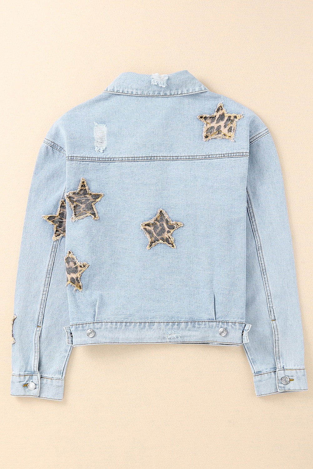 Leopard Star Applique Distressed Denim Jacket-Teresa&#39;s Fashionista LLC