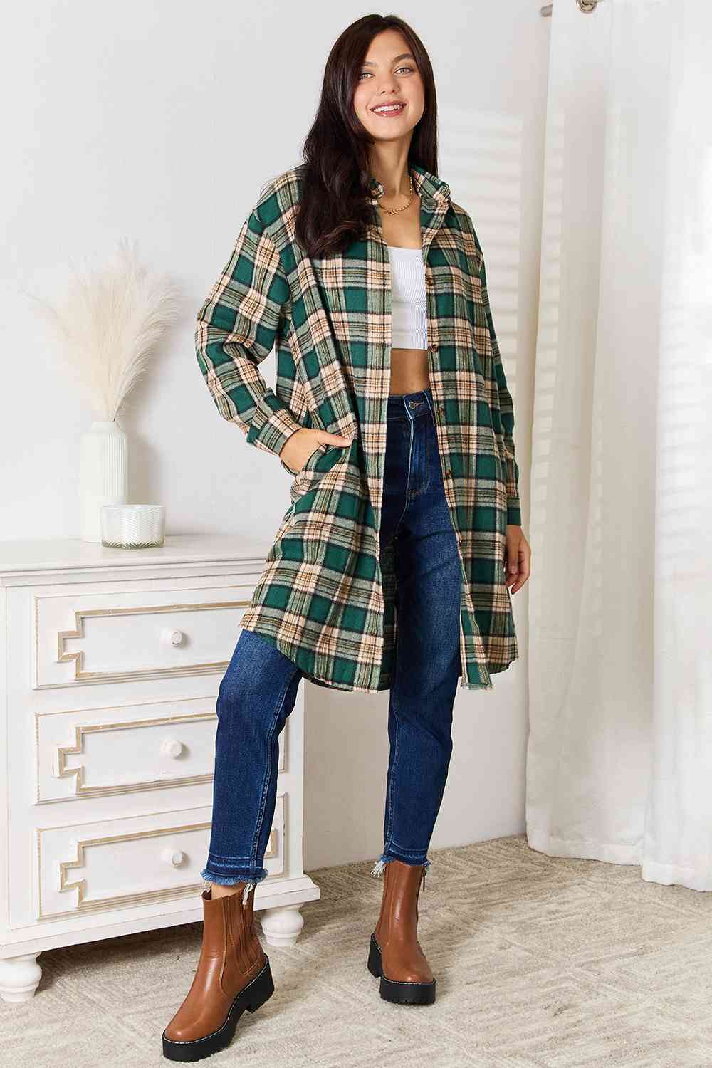 Double Take Plaid Collared Neck Long Sleeve Shirt-Teresa&#39;s Fashionista LLC