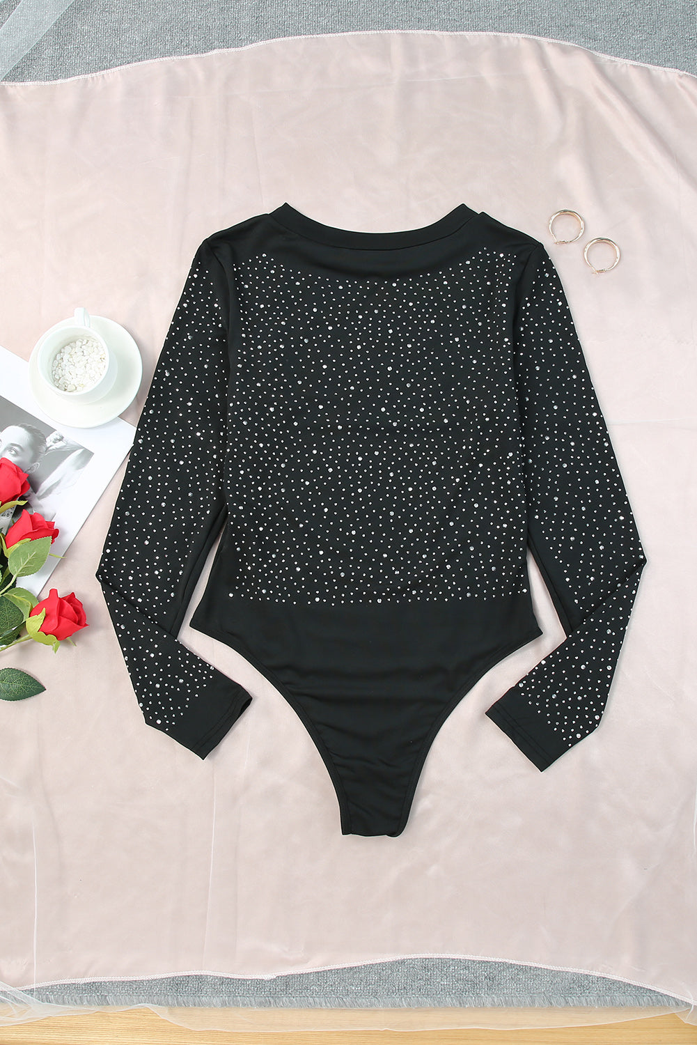 Rhinestone Round Neck Long Sleeve Bodysuit-Teresa&#39;s Fashionista LLC