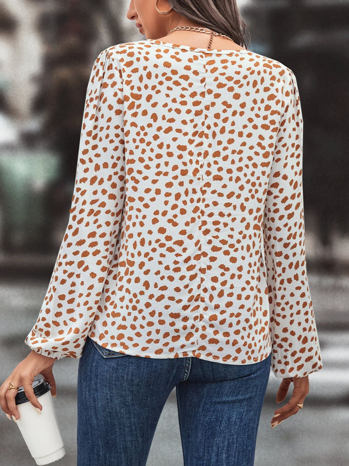 Printed Tie Neck Long Sleeve Blouse-Teresa&#39;s Fashionista LLC