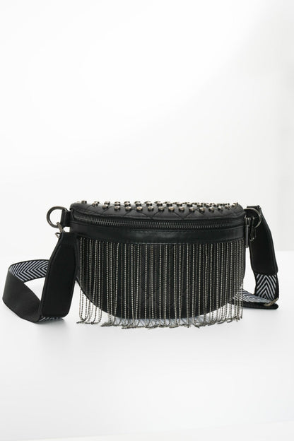 PU Leather Studded Sling Bag with Fringes-Teresa&#39;s Fashionista LLC