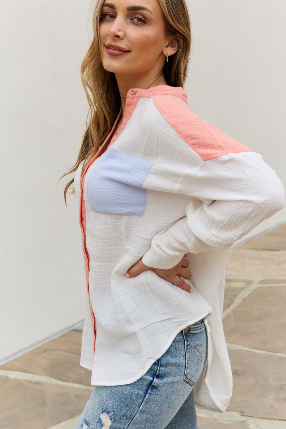 White Birch Full Size Color Block Woven Button Down Top-Teresa&#39;s Fashionista LLC