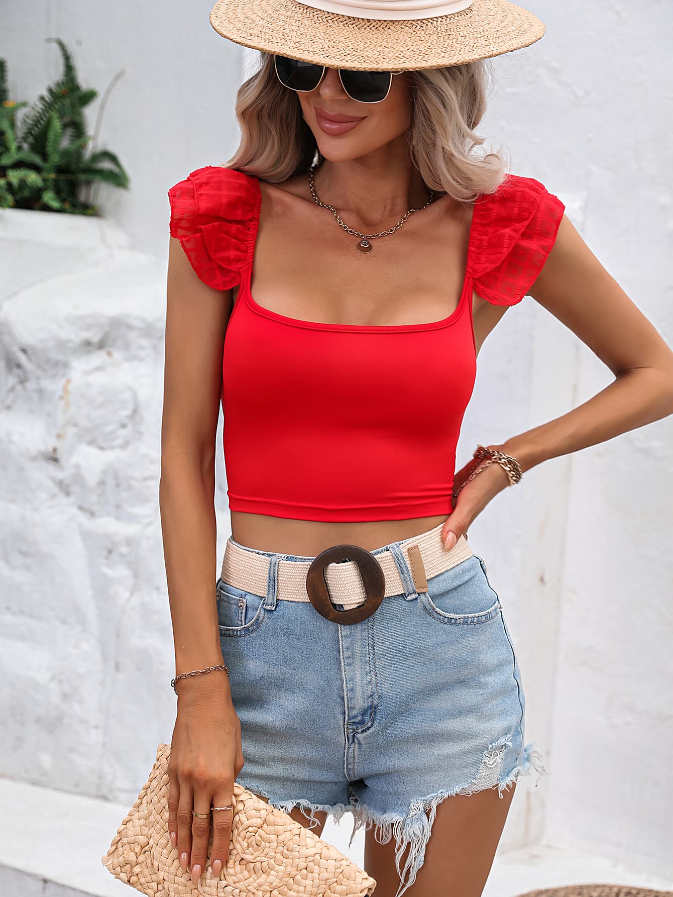 Square Neck Cap Sleeve Cropped Top-Teresa&#39;s Fashionista LLC