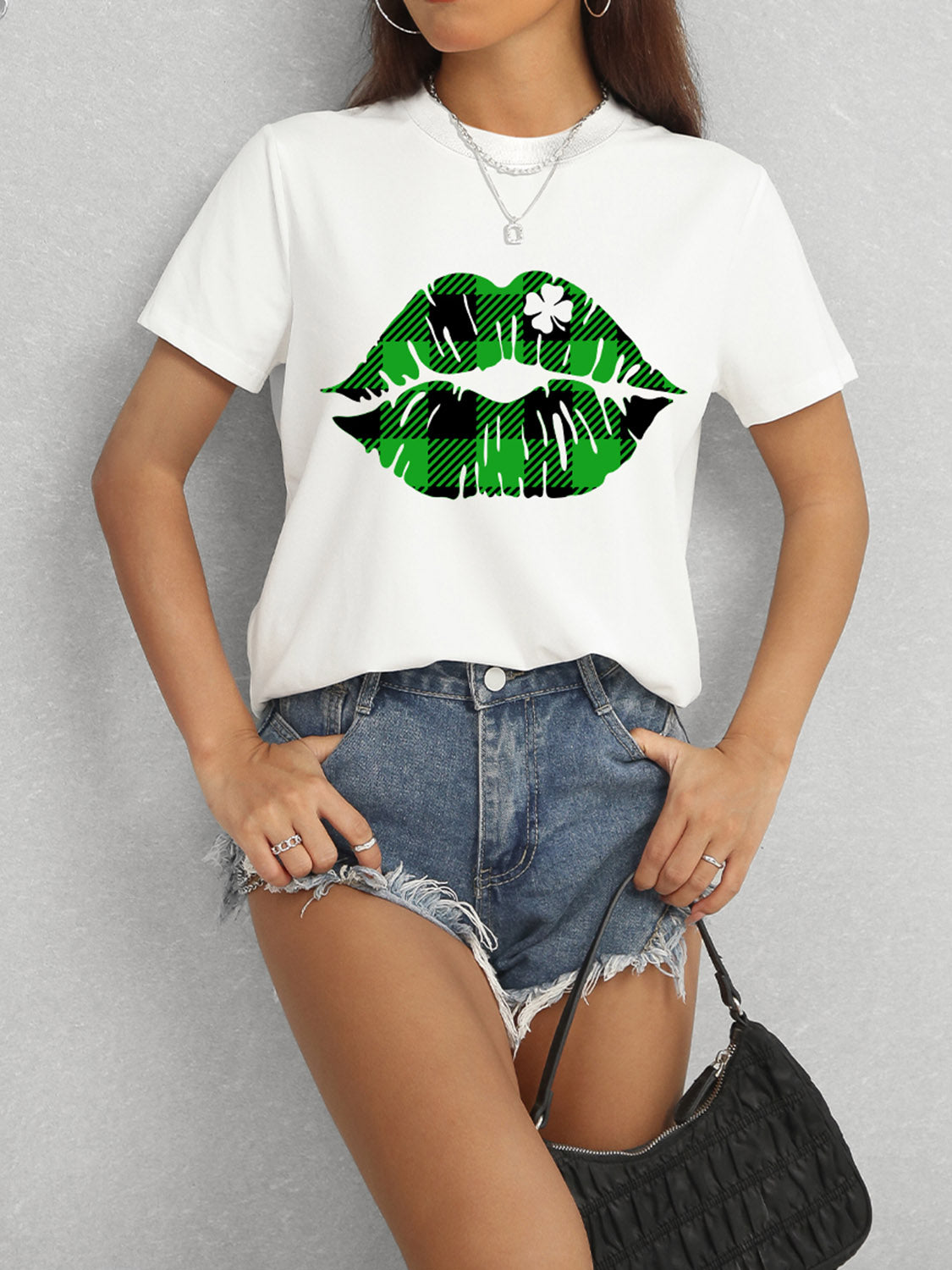 Plaid Lip Graphic Round Neck T-Shirt-Teresa&#39;s Fashionista LLC