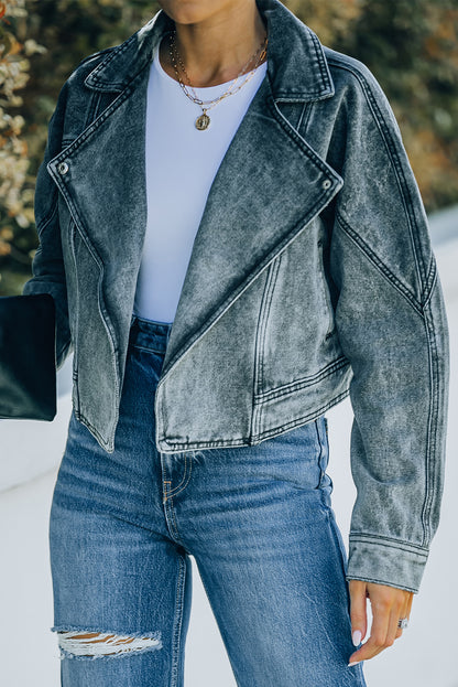 Acid Wash Lapel Collar Cropped Denim Jacket-Teresa&#39;s Fashionista LLC