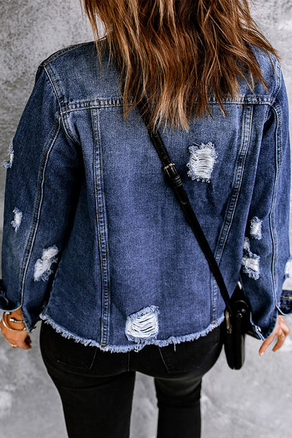 Mixed Print Distressed Button Front Denim Jacket-Teresa&#39;s Fashionista LLC