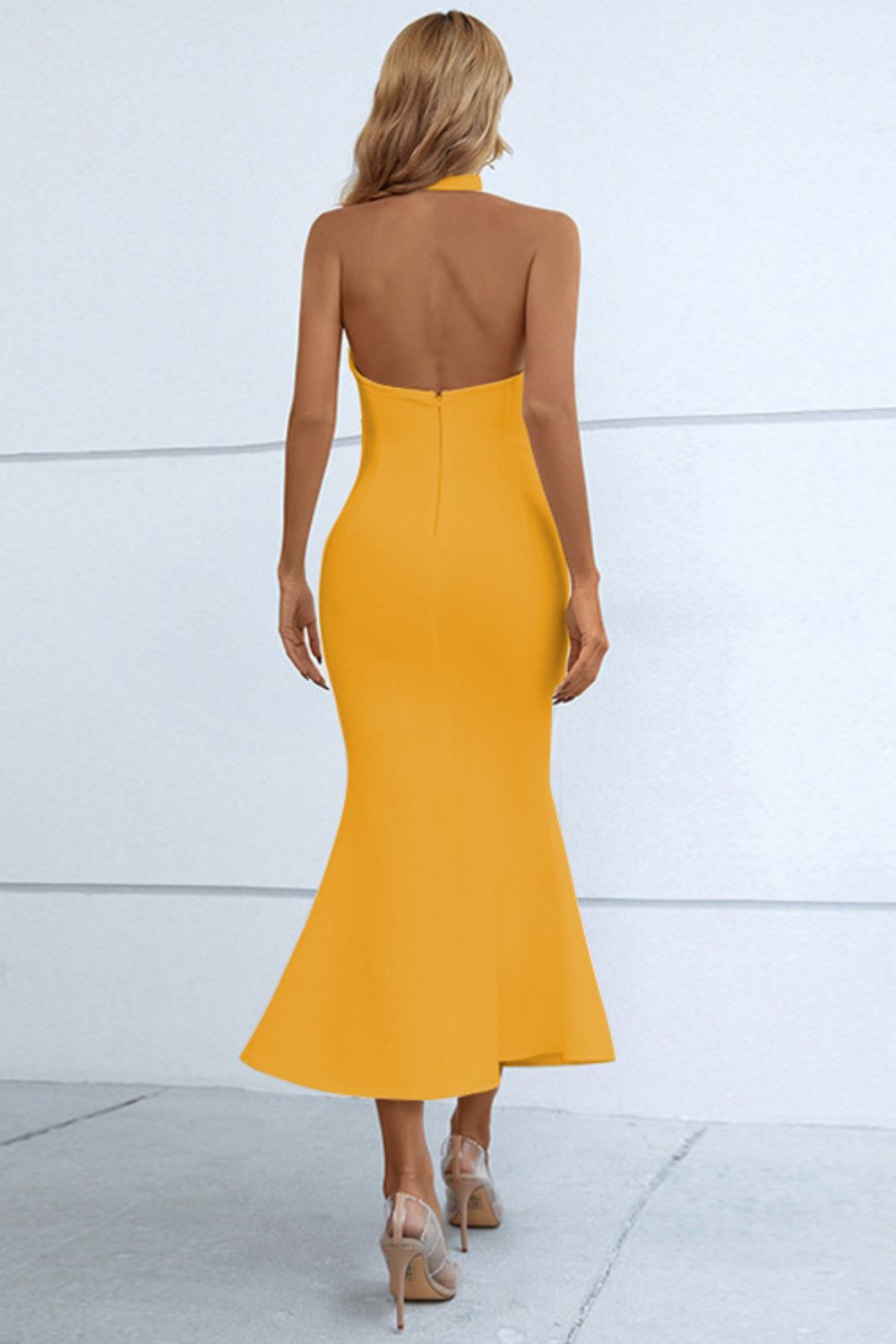 Halter Neck Split Fishtail Bodycon Dress-Teresa&#39;s Fashionista LLC