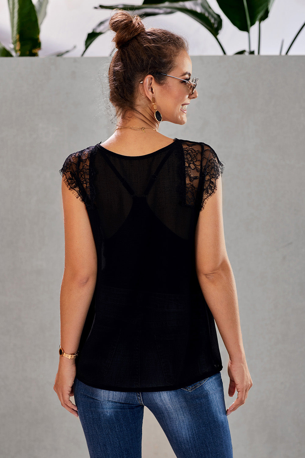 Eyelash Trim Spliced Lace V-Neck Tank-Teresa&#39;s Fashionista LLC