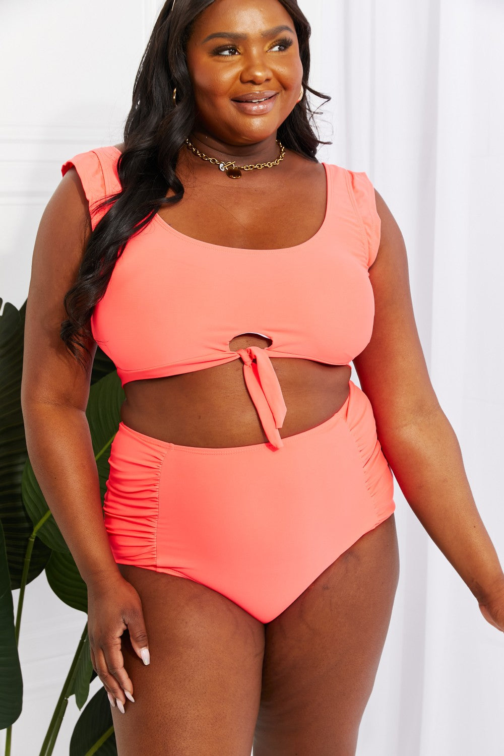 Marina West Swim Sanibel Crop Swim Top and Ruched Bottoms Set in Coral-Teresa&#39;s Fashionista LLC