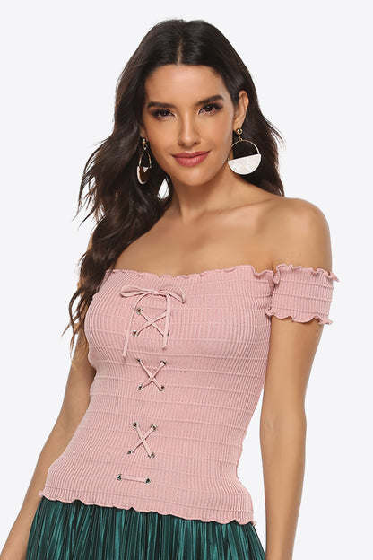 Lace-Up Front Lettuce Hem Off-Shoulder Knit Top-Teresa&#39;s Fashionista LLC