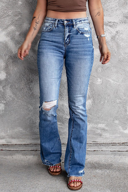 Distressed Flared Jeans with Pockets-Teresa&#39;s Fashionista LLC