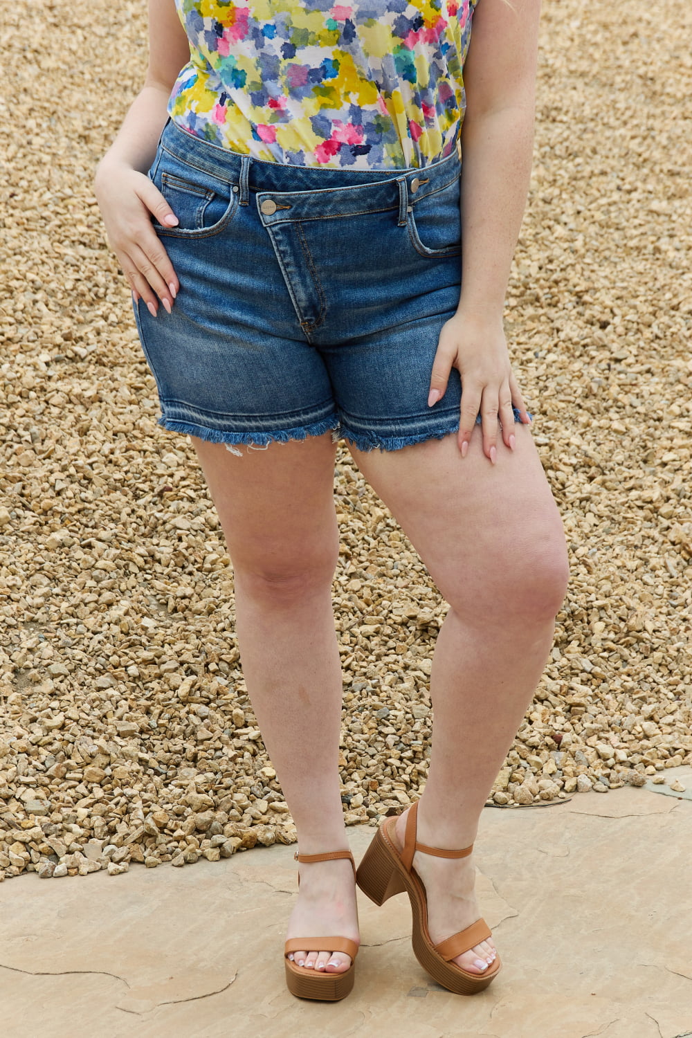 RISEN Maya Full Size Mid Rise Asymmetrical Shorts-Teresa&#39;s Fashionista LLC