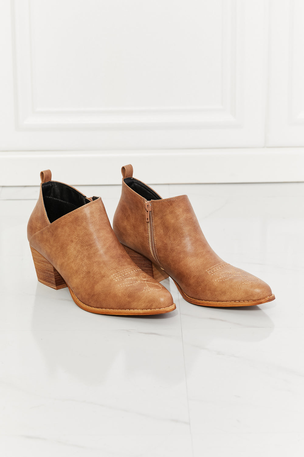 MMShoes Trust Yourself Embroidered Crossover Cowboy Bootie in Caramel-Teresa&#39;s Fashionista LLC