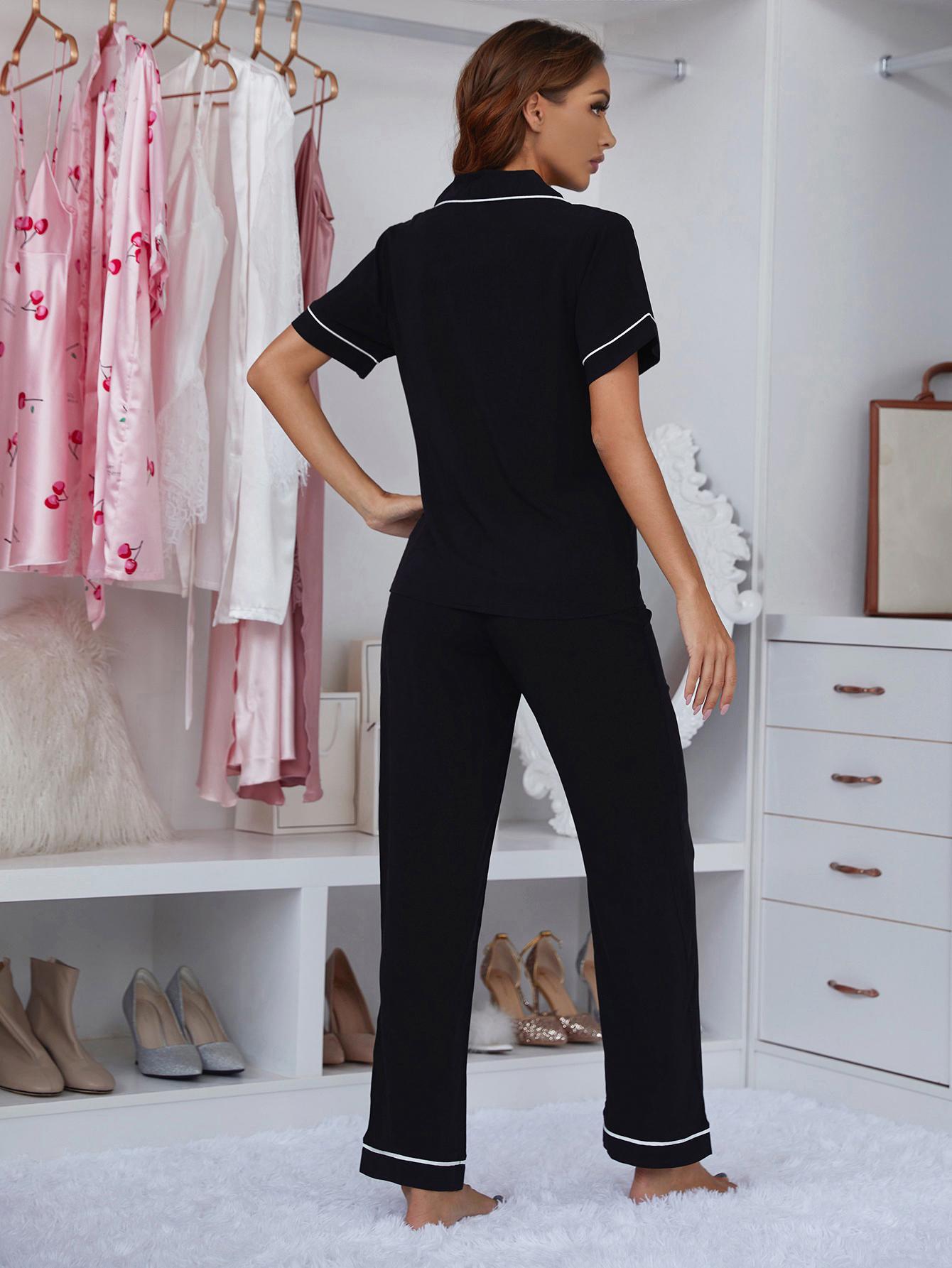 Contrast Piping Lapel Collar Short Sleeve Top and Pants Pajama Set-Teresa&#39;s Fashionista LLC