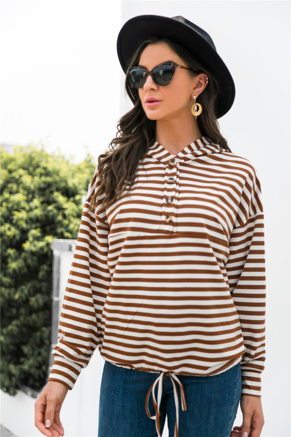 Striped Half-Button Dropped Shoulder Hoodie-Teresa&#39;s Fashionista LLC