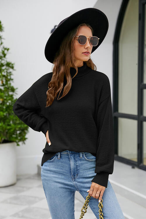 Mock Neck Dropped Shoulder Long Sleeve Sweater-Teresa&#39;s Fashionista LLC