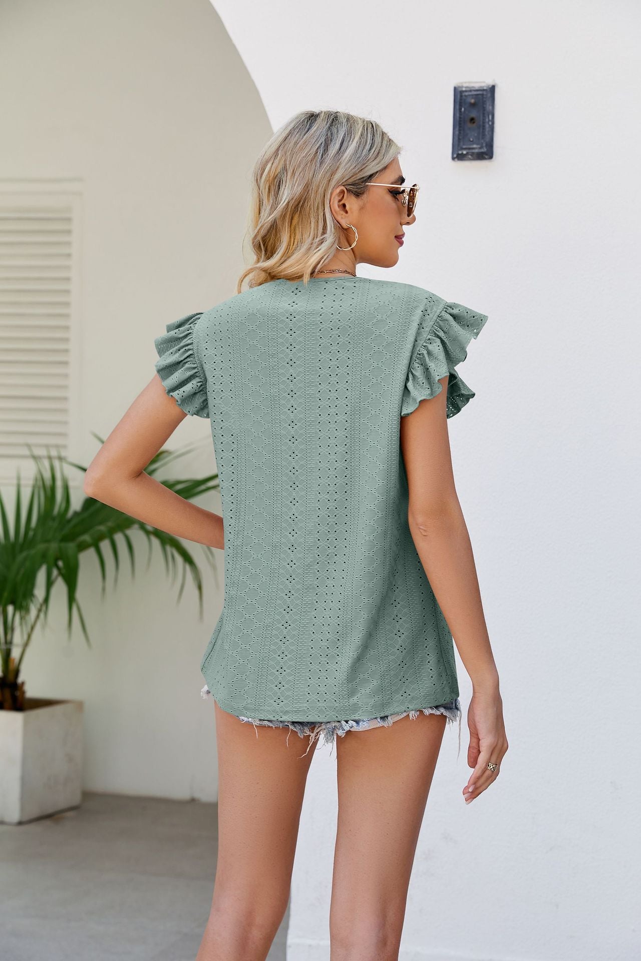 Smocked Round Neck Flutter Sleeve Top-Teresa&#39;s Fashionista LLC