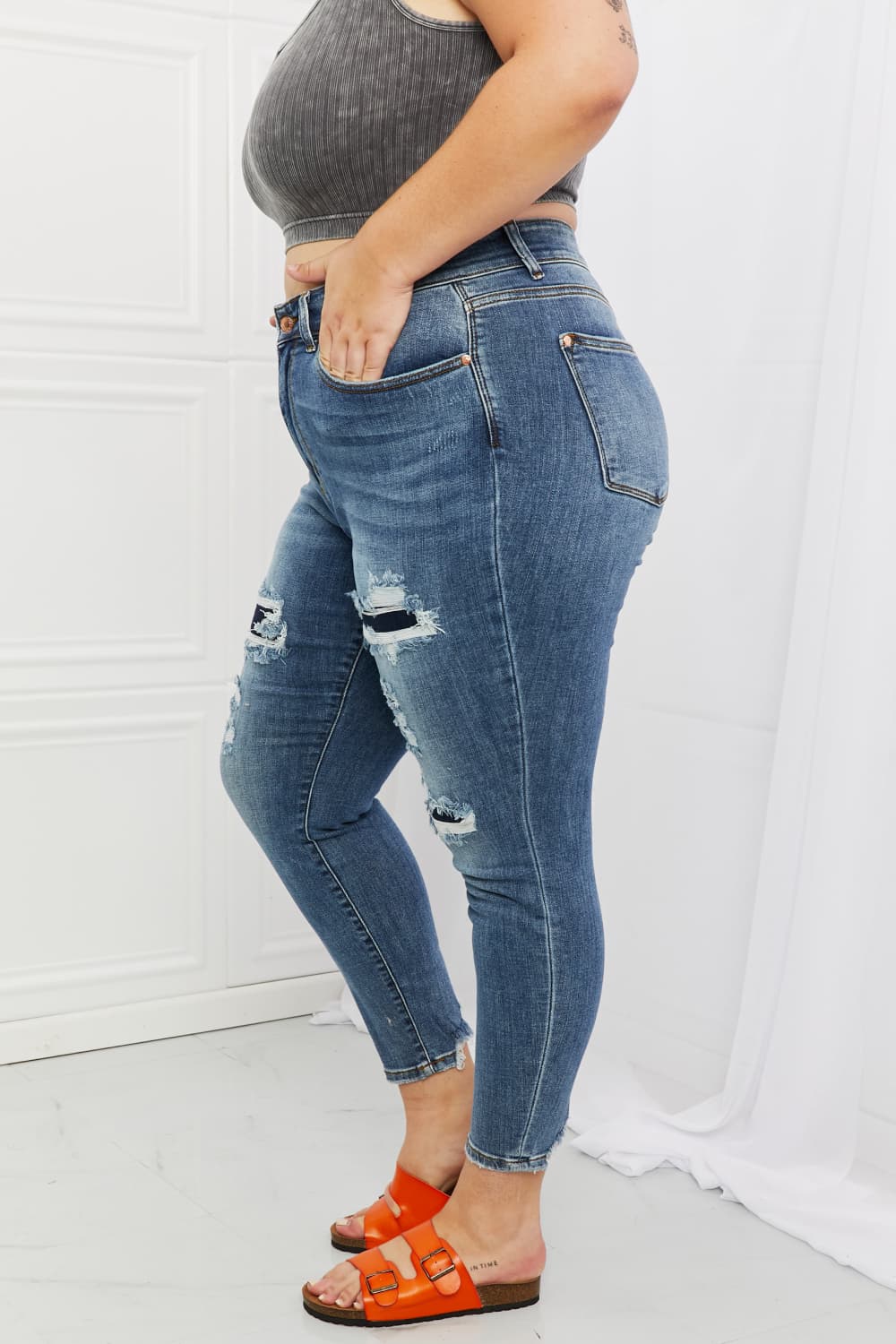 Judy Blue Dahlia Full Size Distressed Patch Jeans-Teresa&#39;s Fashionista LLC