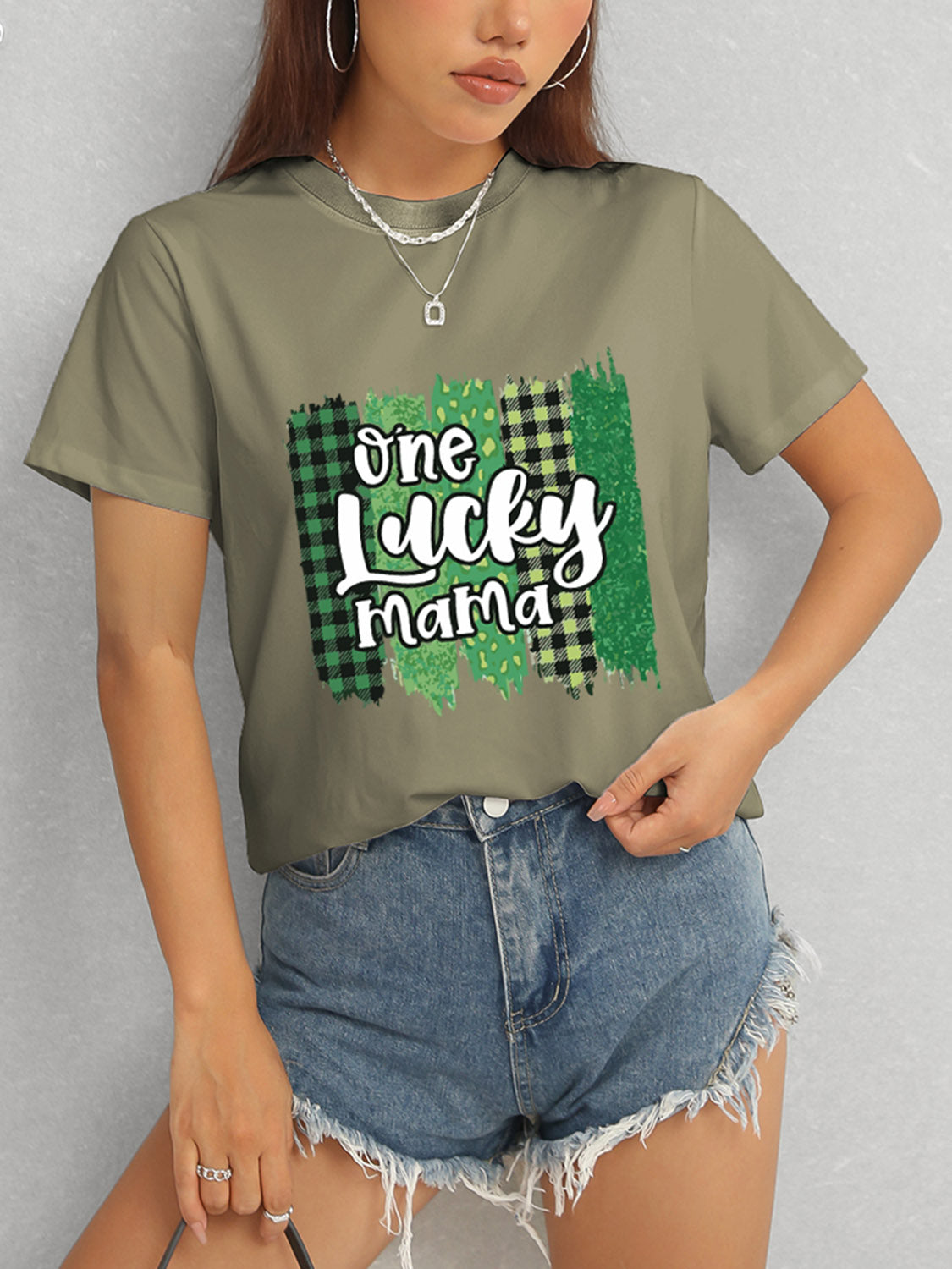 ONE LUCKY MAMA Round Neck T-Shirt-Teresa&#39;s Fashionista LLC