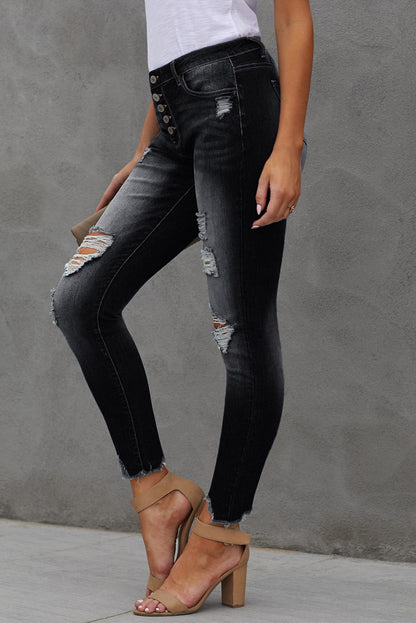 Button Fly Hem Detail Ankle-Length Skinny Jeans-Teresa&#39;s Fashionista LLC