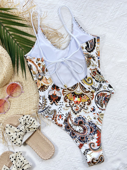 Printed Tie Back Scoop Neck One-Piece Swimsuit-Teresa&#39;s Fashionista LLC