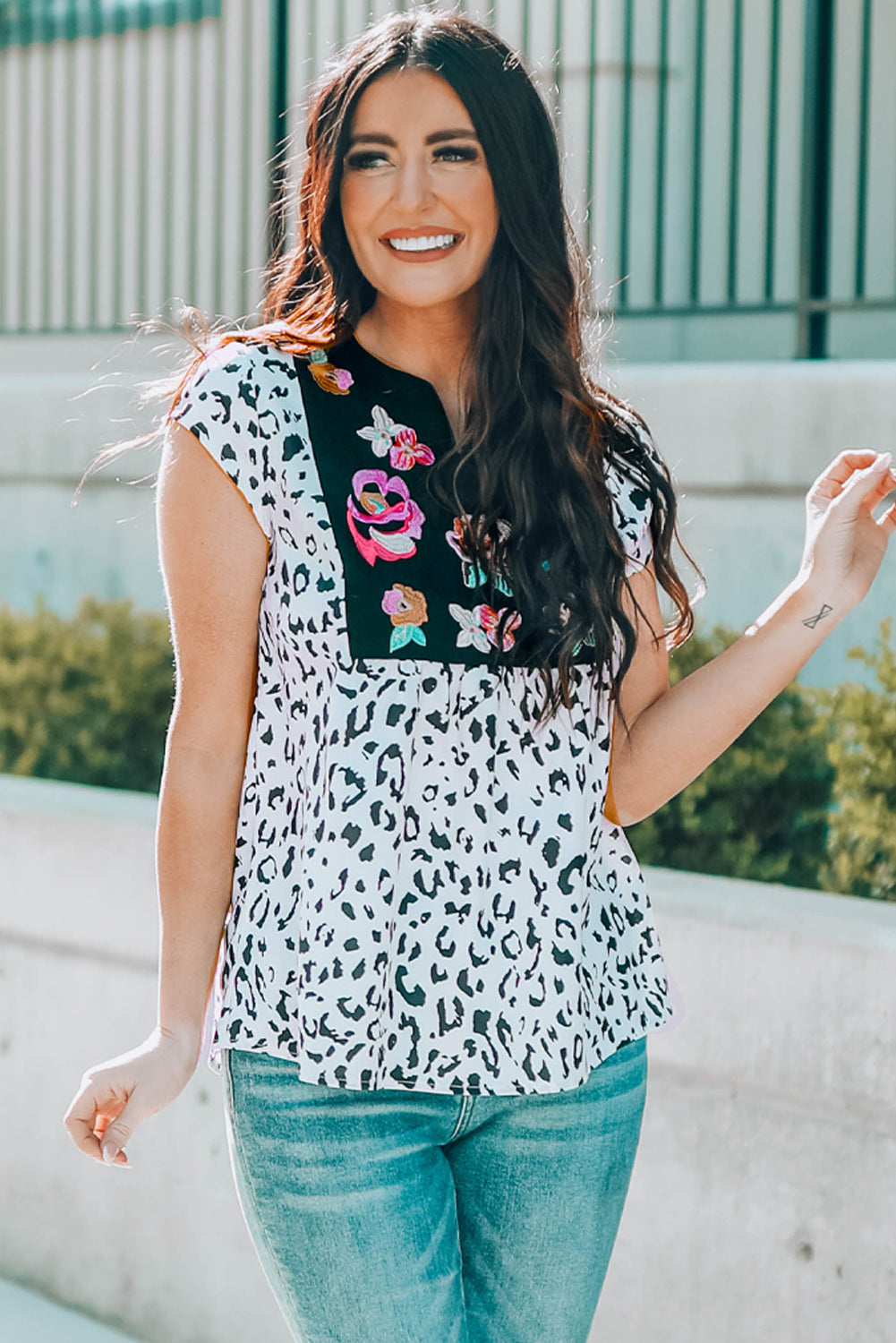 Leopard Notched Neck Short Sleeve Tee-Teresa&#39;s Fashionista LLC