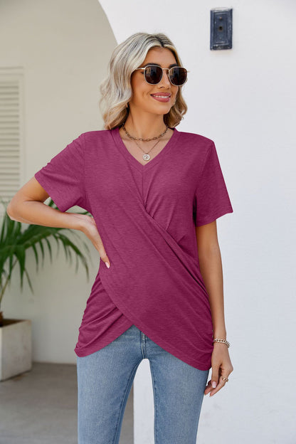 V-Neck Crisscross Short Sleeve Tee-Teresa&#39;s Fashionista LLC