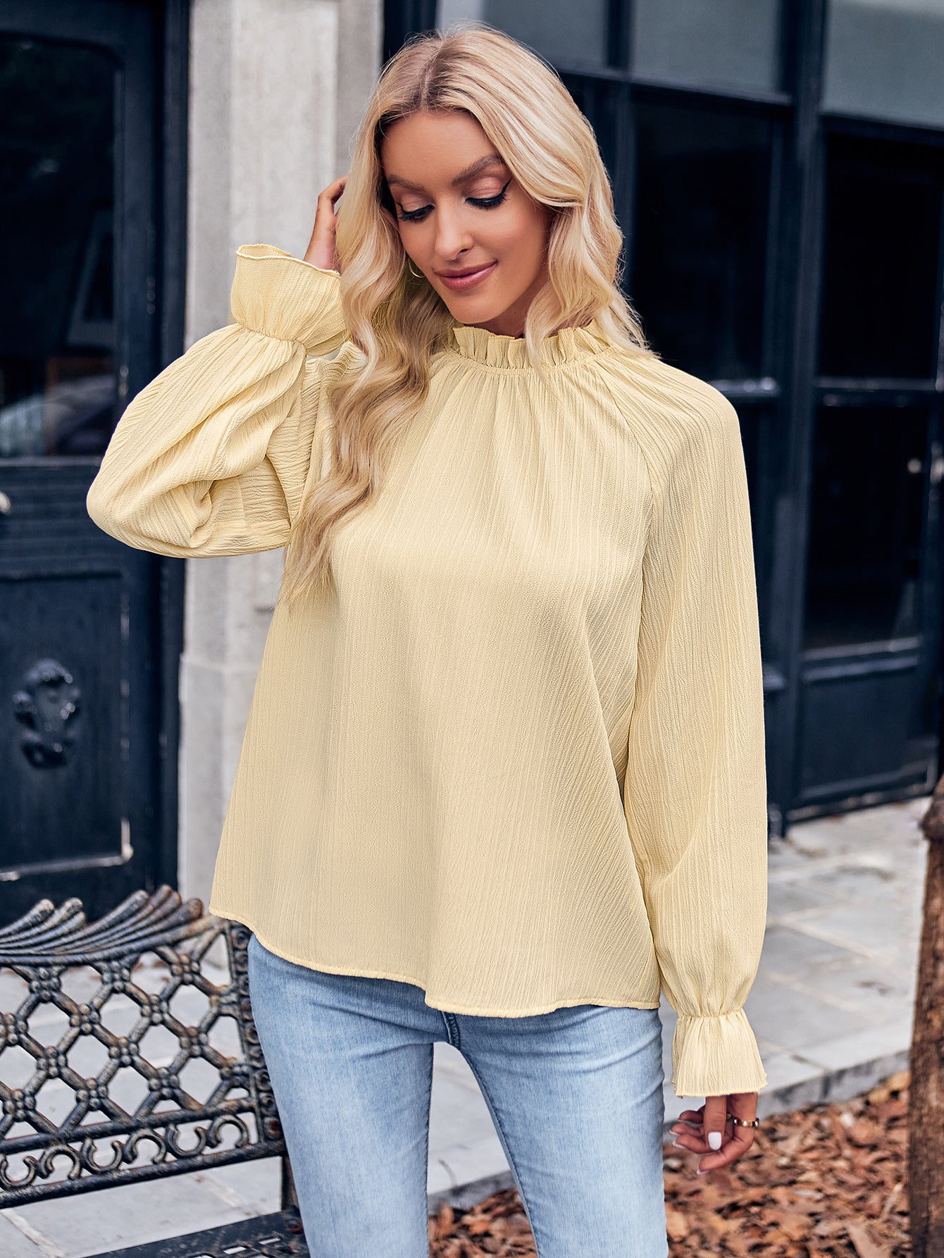 Ruffled Mock Neck Flounce Sleeve Blouse-Teresa&#39;s Fashionista LLC