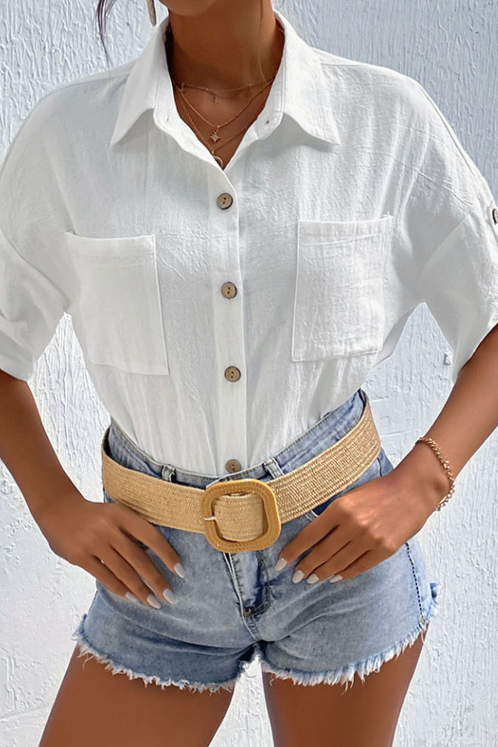 Roll-Tab Sleeve Shirt with Pockets-Teresa&#39;s Fashionista LLC