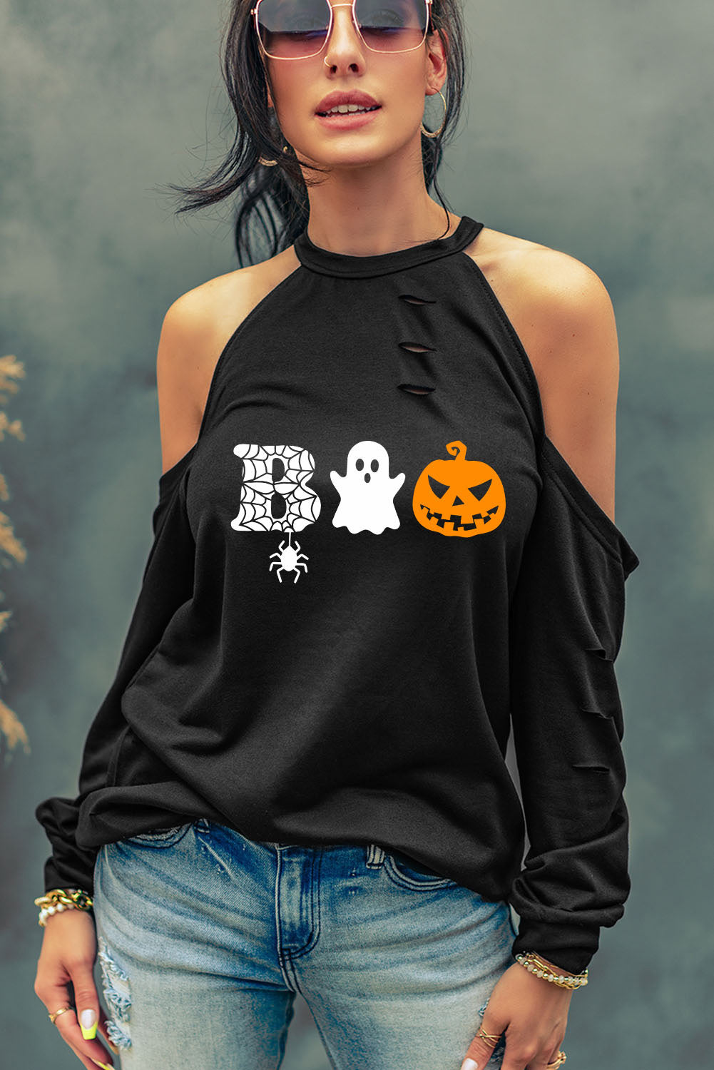 Cold Shoulder Boo Graphic Distressed Blouse-Teresa&#39;s Fashionista LLC