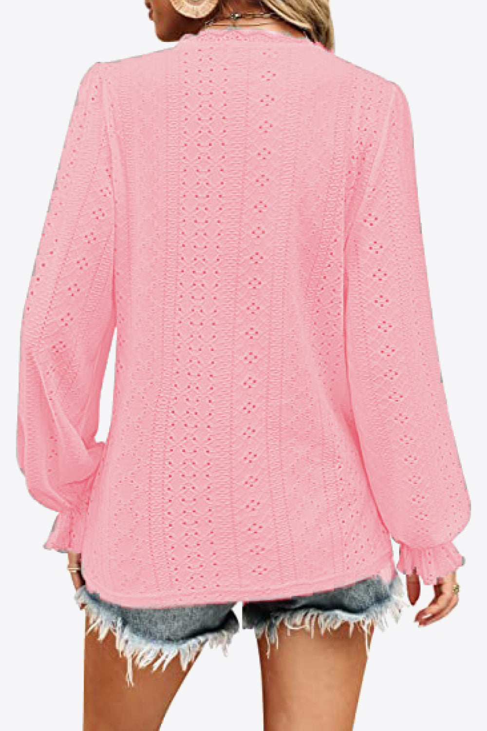 Eyelet V-Neck Flounce Sleeve Blouse-Teresa&#39;s Fashionista LLC