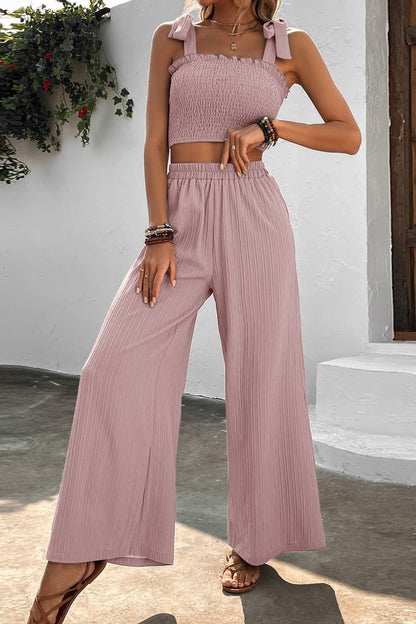 Tie Shoulder Smocked Crop Top and Wide Leg Pants Set-Teresa&#39;s Fashionista LLC