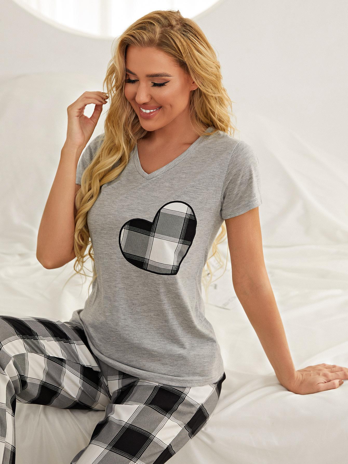 Plaid Heart Tee and Pants Lounge Set with Pockets-Teresa&#39;s Fashionista LLC