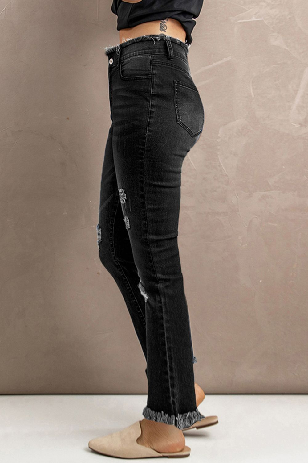 High Waist Distressed Raw Hem Jeans-Teresa&#39;s Fashionista LLC