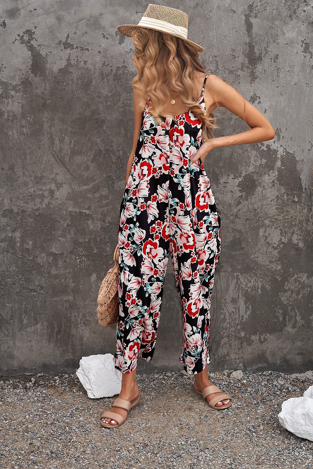 Botanical Print Spaghetti Strap Cropped Jumpsuit-Teresa&#39;s Fashionista LLC