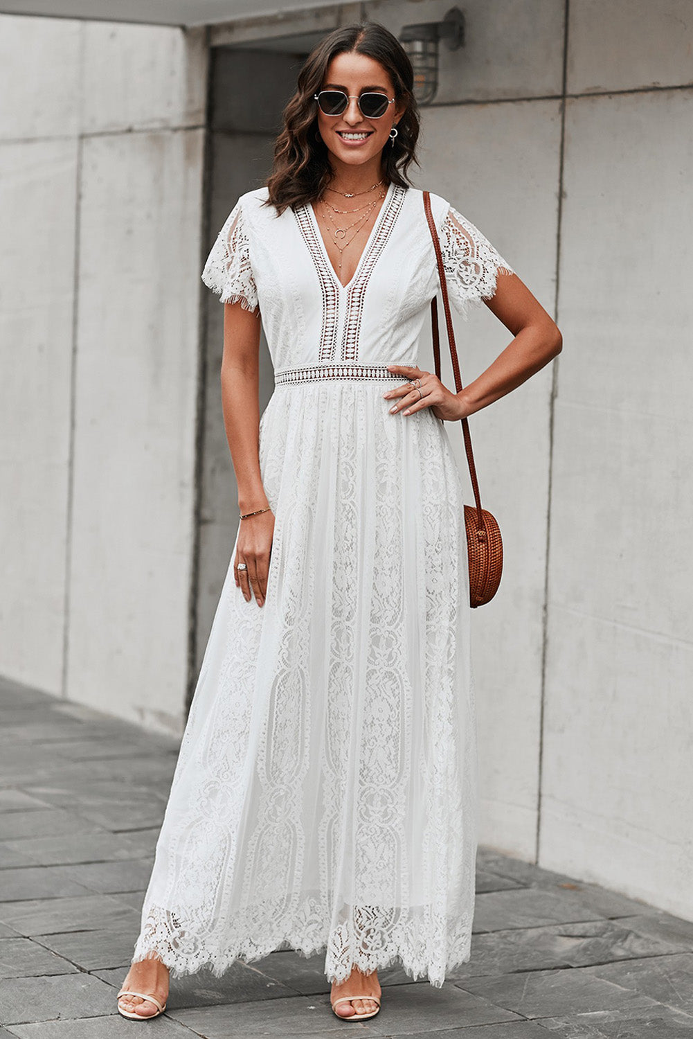 Scalloped Trim Lace Plunge Dress-Teresa&#39;s Fashionista LLC