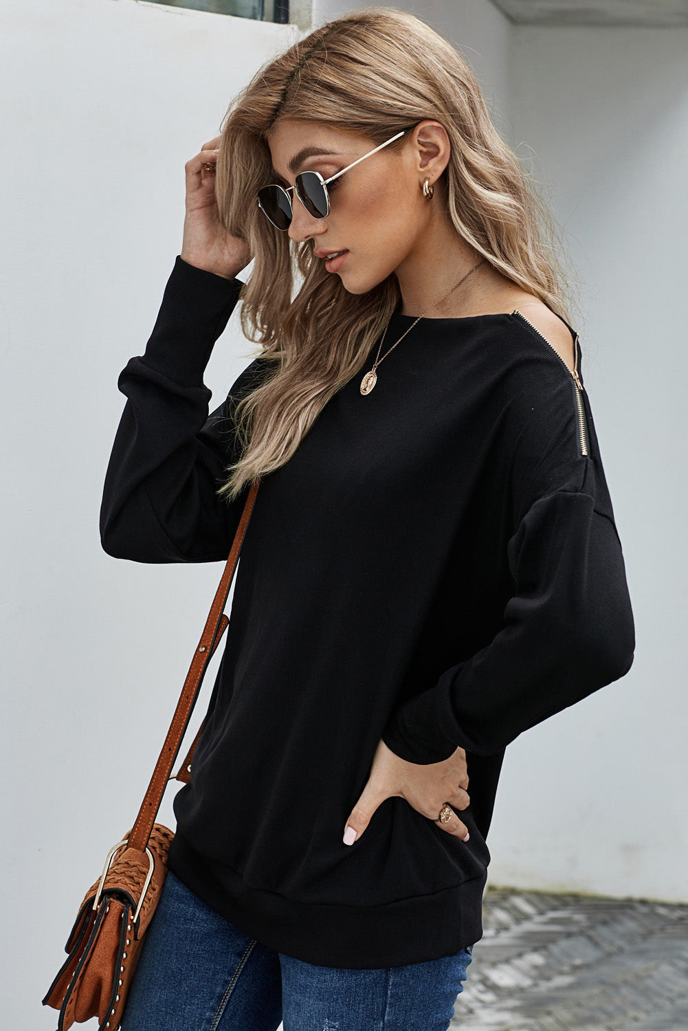 Zipper Detail Boat Neck Dropped Shoulder Sweatshirt-Teresa&#39;s Fashionista LLC